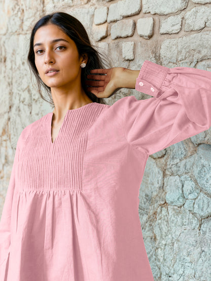 Baby Pink Cotton Linen Top with Pintuck Detailed Yoke