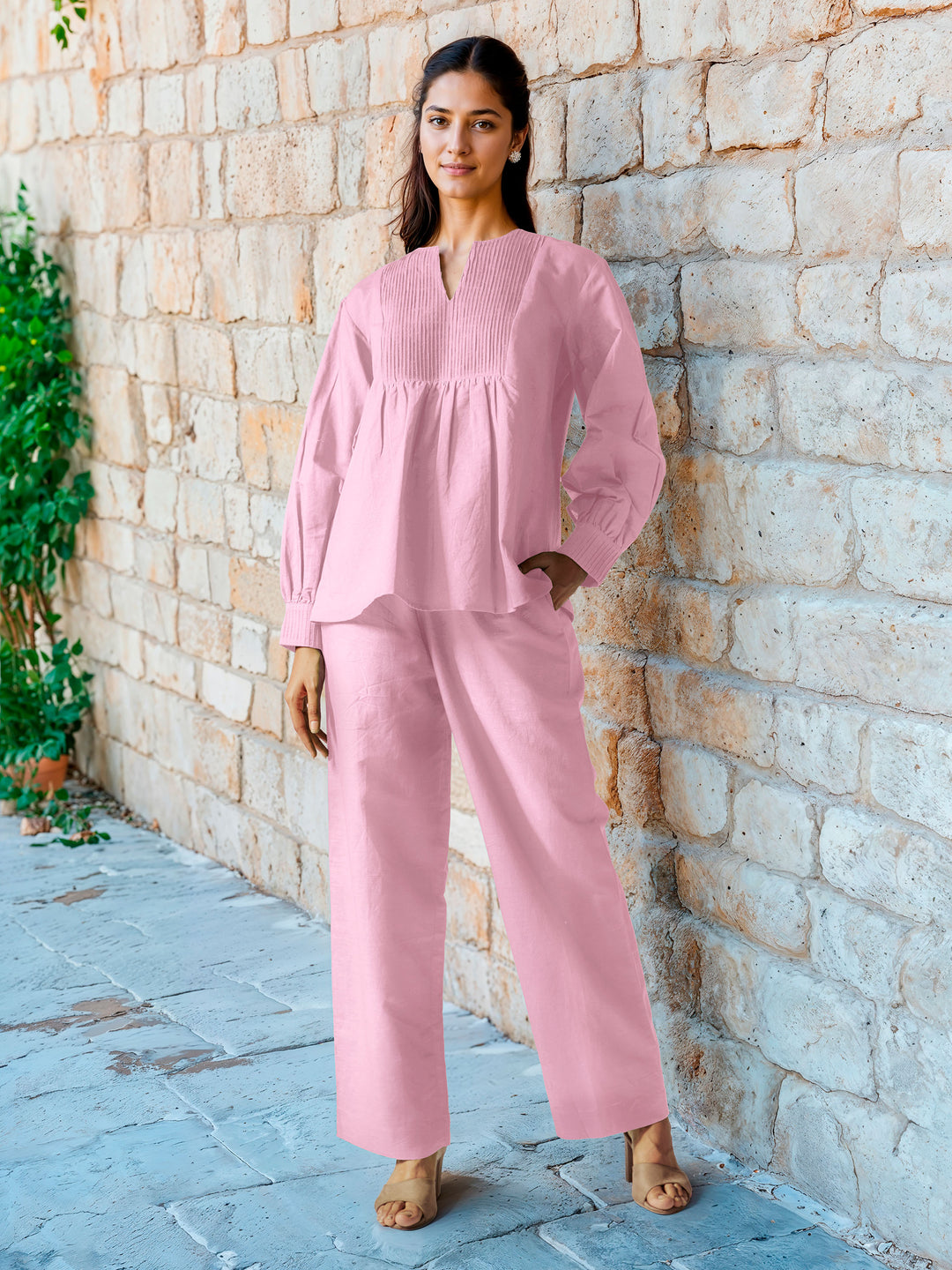 Baby Pink Cotton Linen Top with Pintuck Detailed Yoke