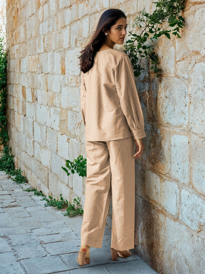Beige Cotton Linen Top with Pintuck Detailed Yoke