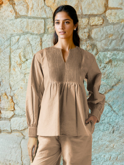 Beige Cotton Linen Top with Pintuck Detailed Yoke
