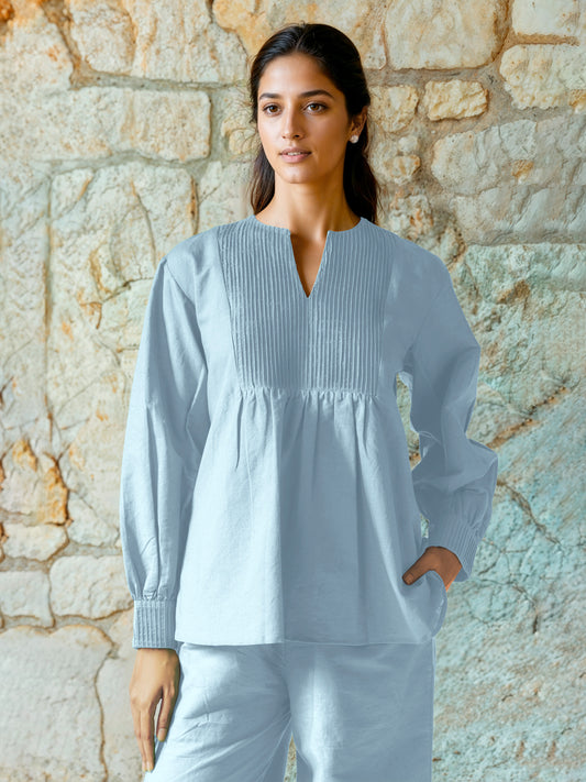 Powder Blue Cotton Linen Top with Pintuck Detailed Yoke