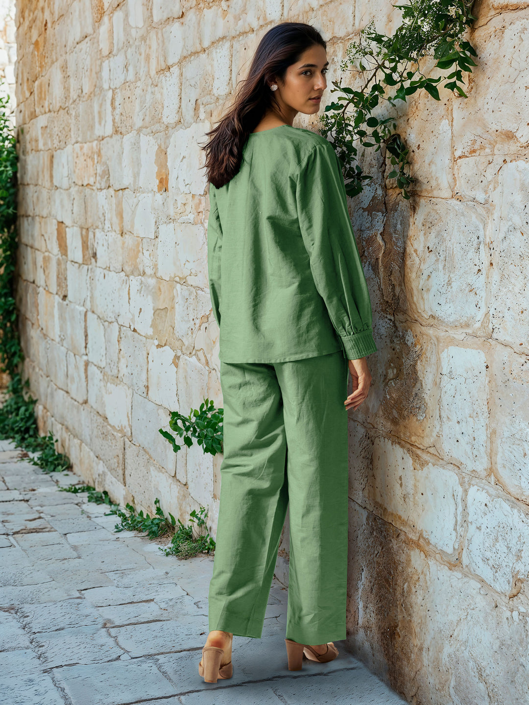 Sage Green Cotton Linen Top with Pintuck Detailed Yoke