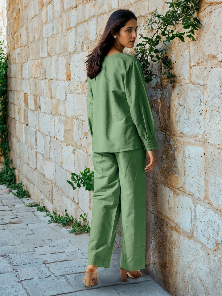 Sage Green Cotton Linen Top with Pintuck Detailed Yoke