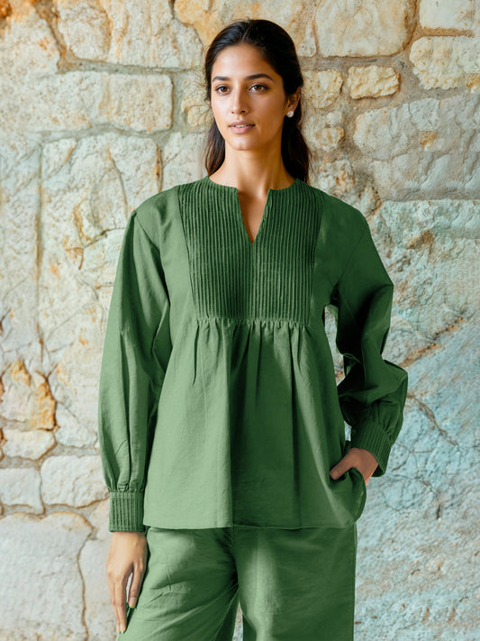 Sage Green Cotton Linen Top with Pintuck Detailed Yoke