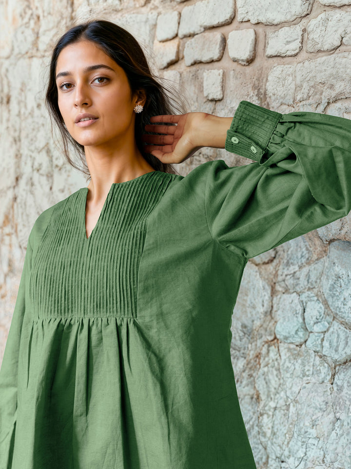 Sage Green Cotton Linen Top with Pintuck Detailed Yoke