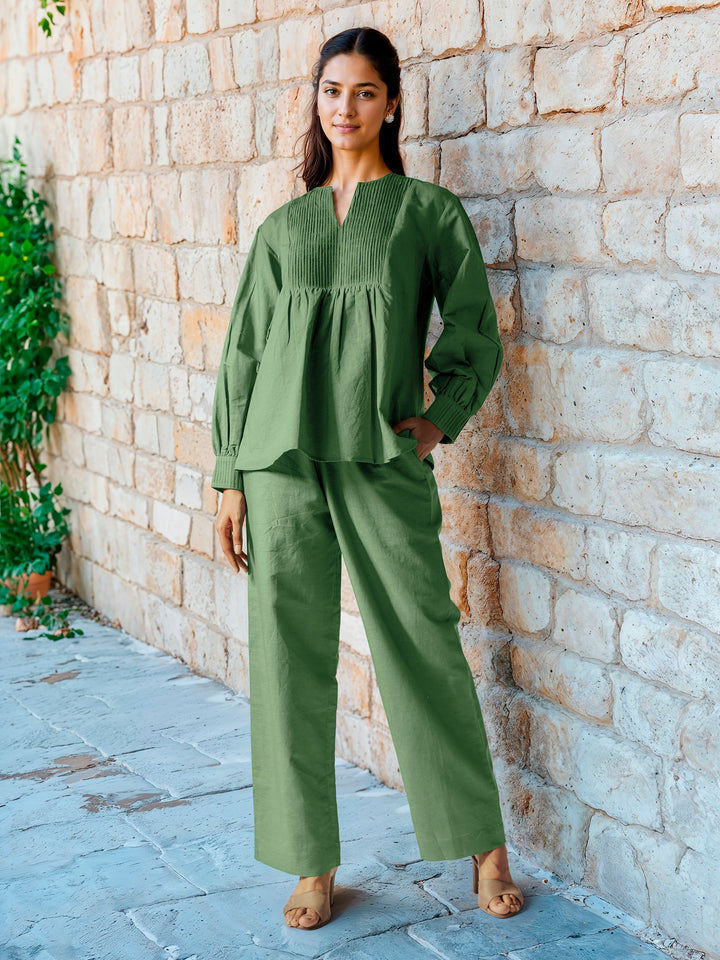 Sage Green Cotton Linen Top with Pintuck Detailed Yoke