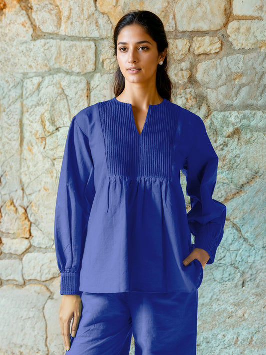 Teal Blue Cotton Linen Top with Pintuck Detailed Yoke