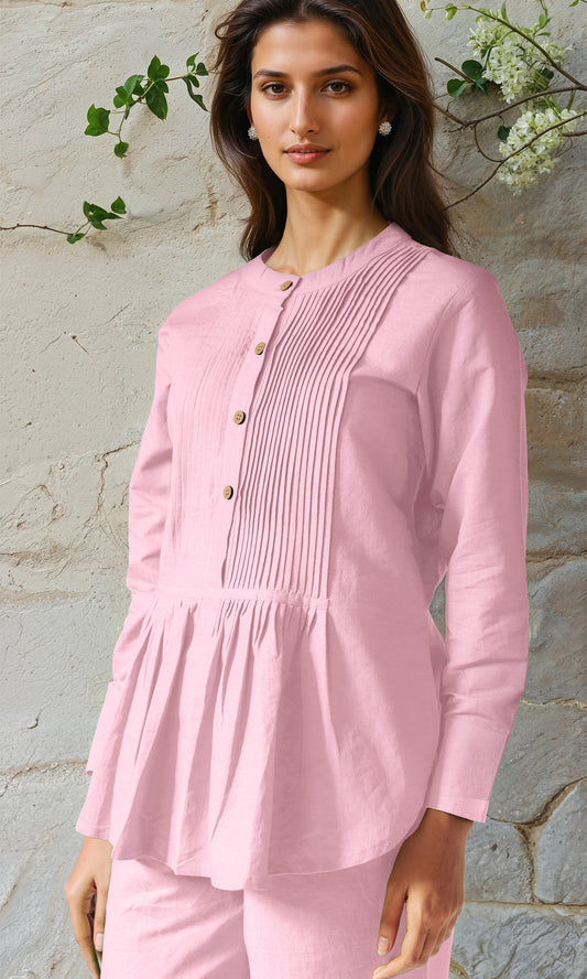 Baby Pink Cotton Linen Pleated Top