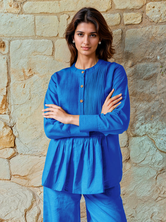 Cobalt Blue Cotton Linen Pleated Top