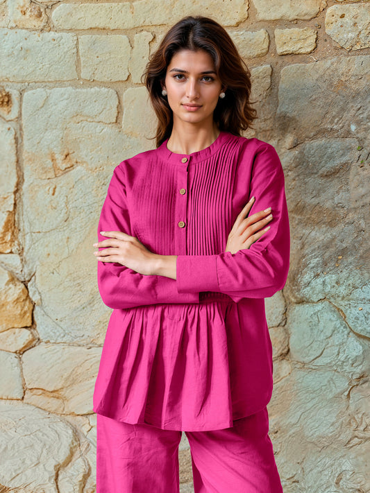 Dark Pink Cotton Linen Pleated Top