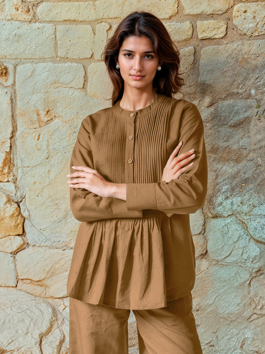 Gold Brown Cotton Linen Pleated Top