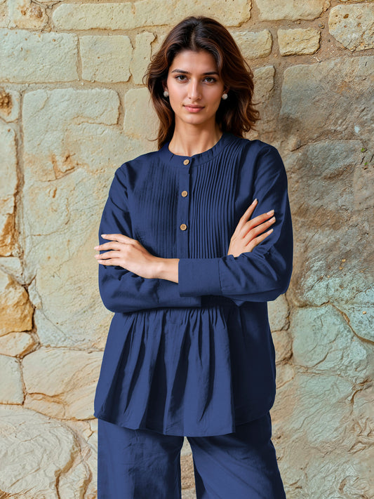 Navy Blue Cotton Linen Pleated Top