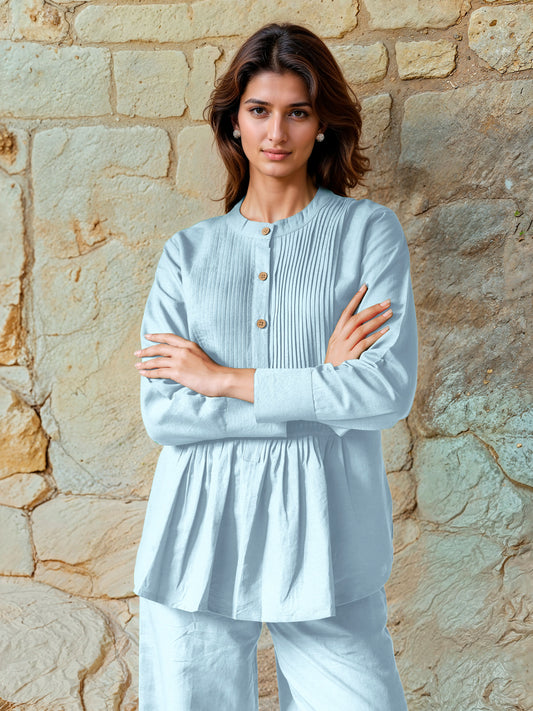 Powder Blue Cotton Linen Pleated Top
