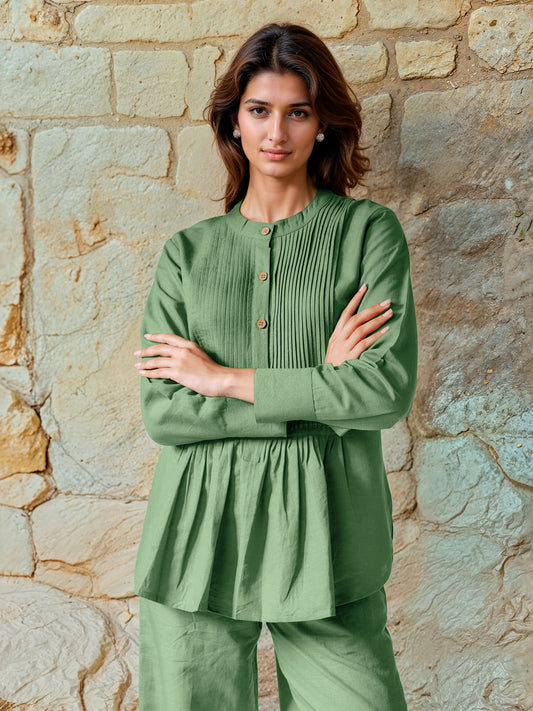 Sage Green Cotton Linen Pleated Top