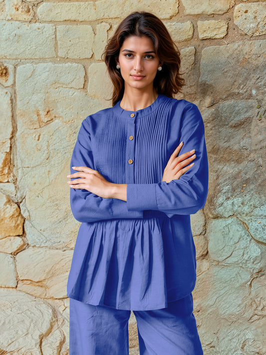 Teal Blue Cotton Linen Pleated Top