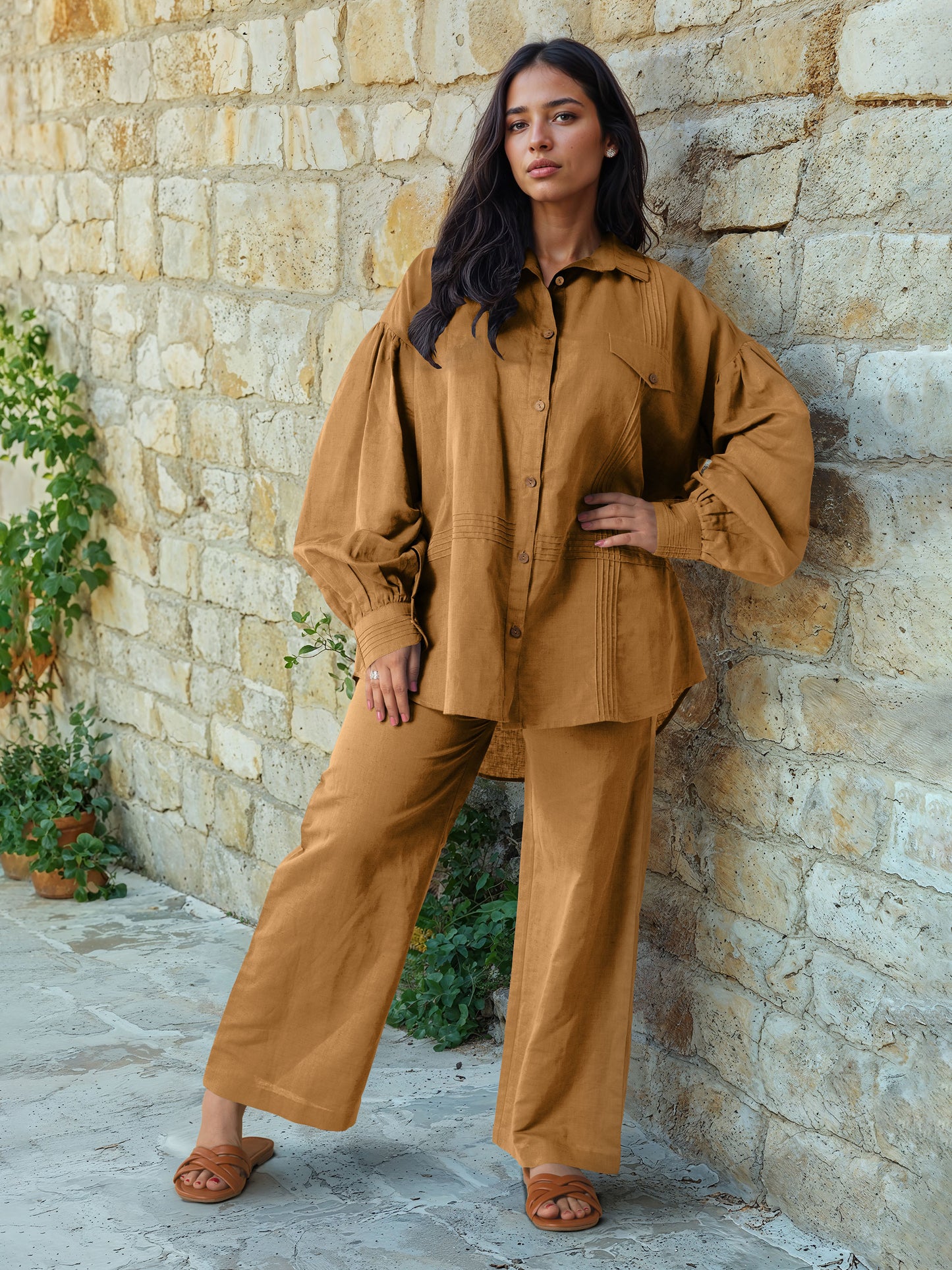 Gold Brown Linen Co-Ord Set
