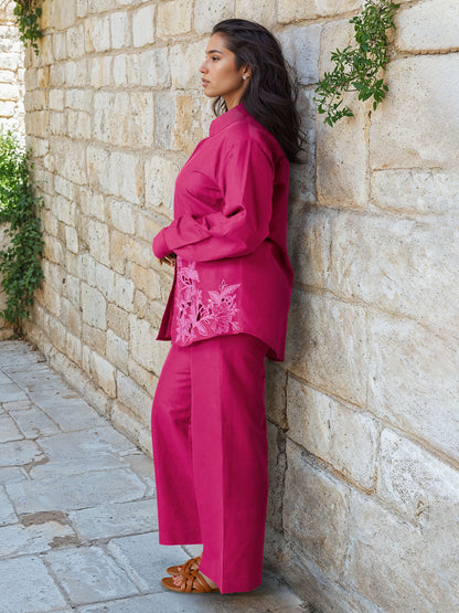 Dark Pink Linen Embroidered Co-Ord Set