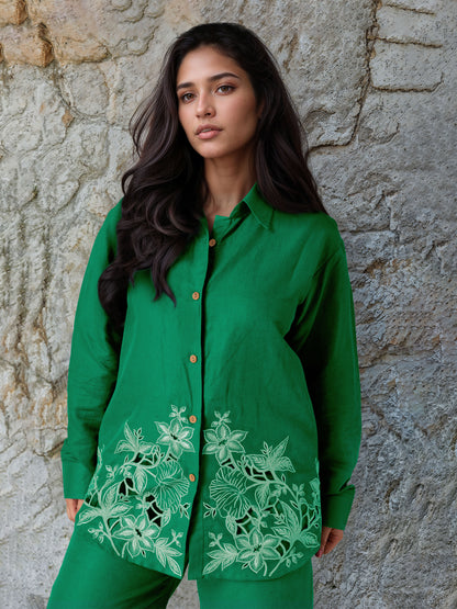 Green Linen Embroidered Co-Ord Set