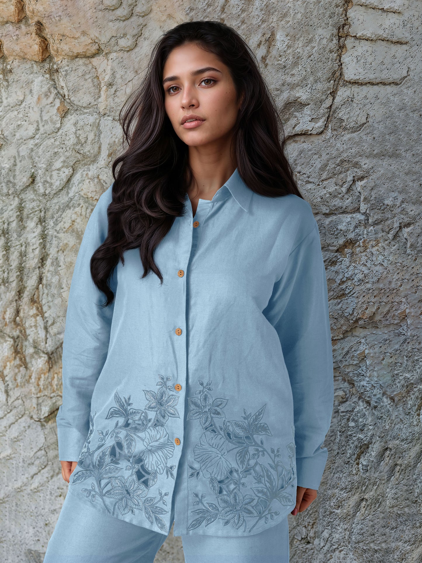 Powder Blue Linen Embroidered Co-Ord Set