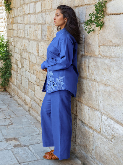 Teal Blue Linen Embroidered Co-Ord Set