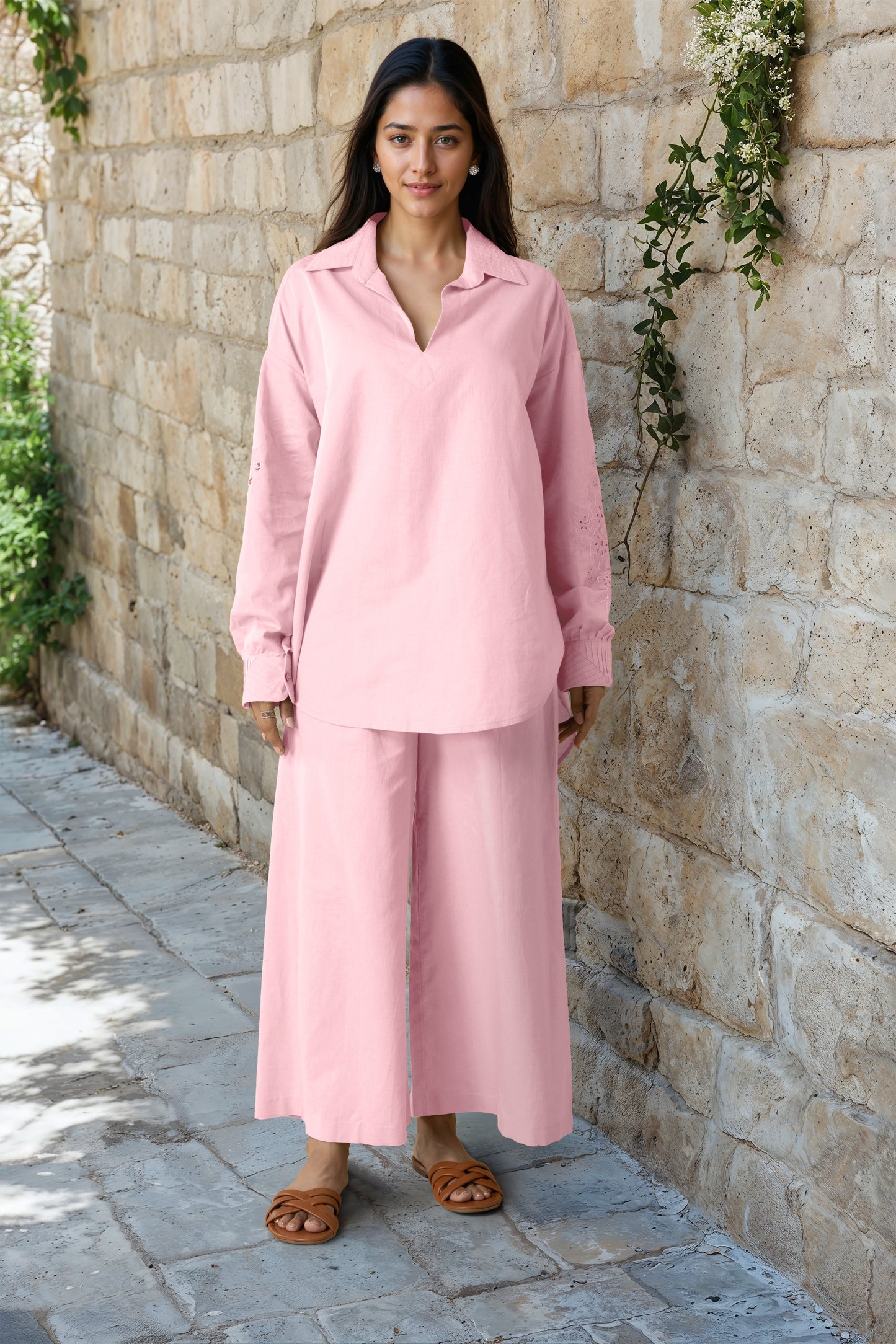 Baby Pink Linen Embroidered Co-Ord Set