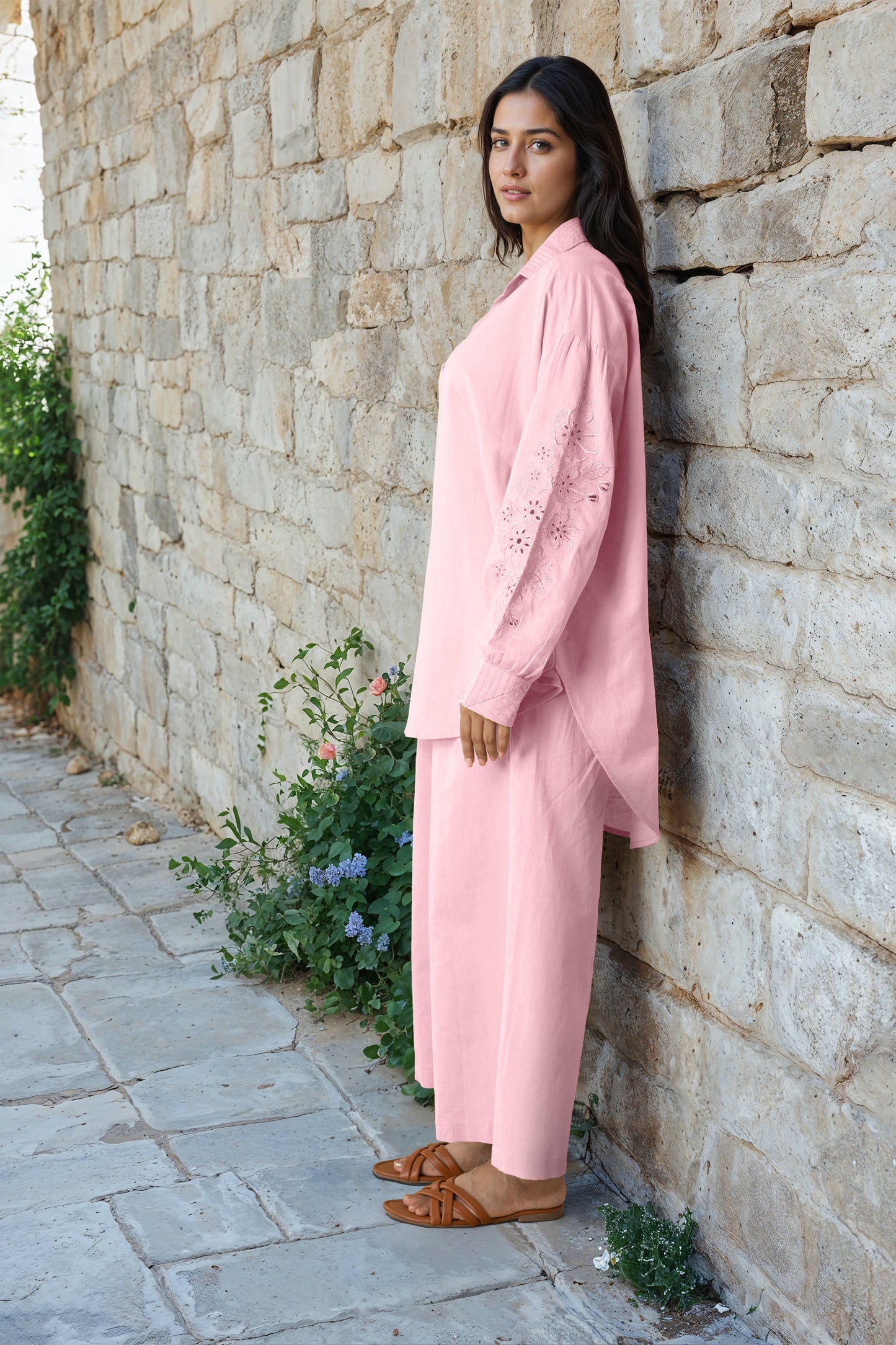 Baby Pink Linen Embroidered Co-Ord Set
