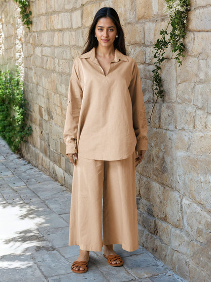 Beige Linen Embroidered Co-Ord Set