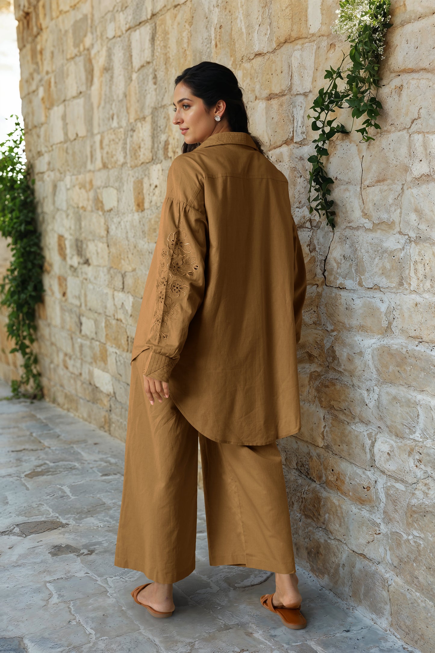 Gold Brown Linen Embroidered Co-Ord Set