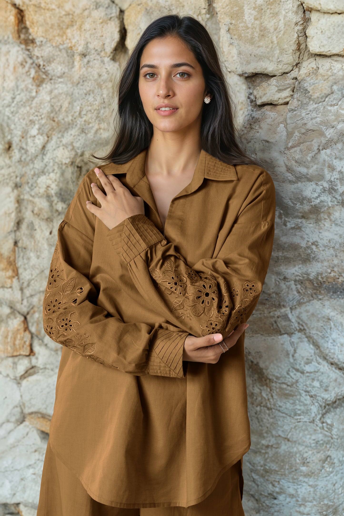 Gold Brown Linen Embroidered Co-Ord Set