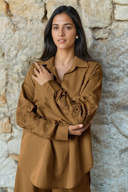 Gold Brown Linen Embroidered Co-Ord Set
