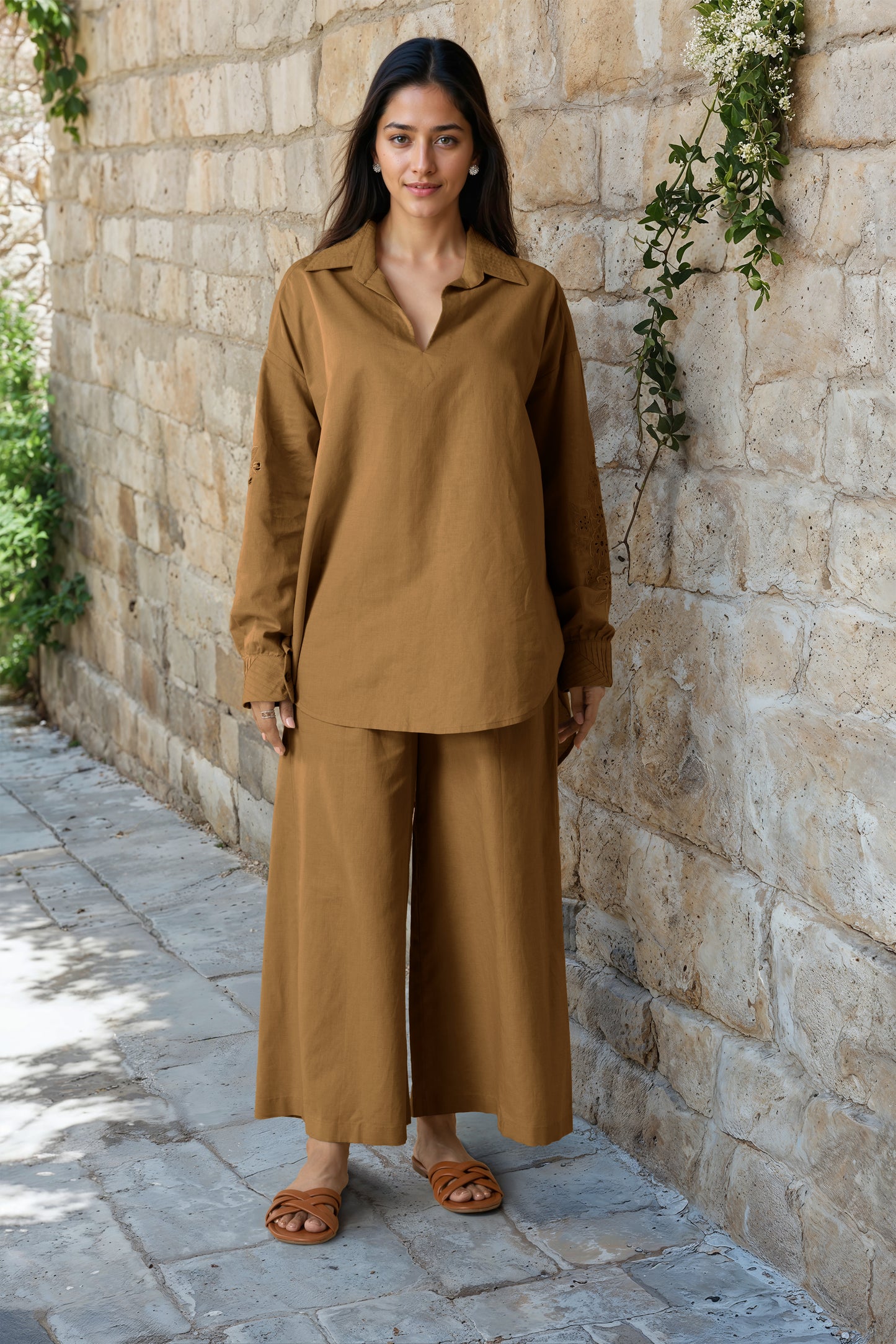 Gold Brown Linen Embroidered Co-Ord Set