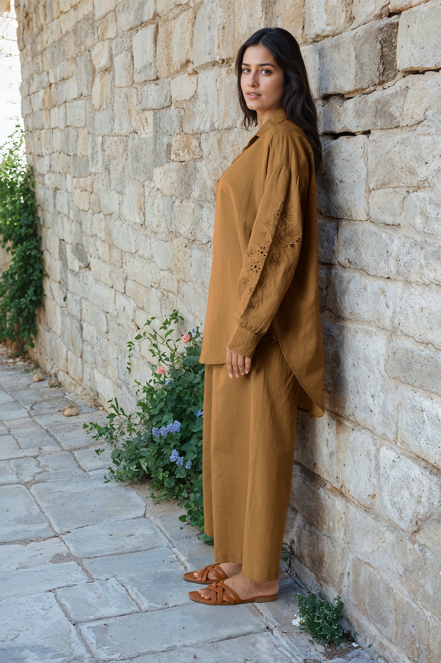 Gold Brown Linen Embroidered Co-Ord Set