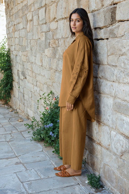 Gold Brown Linen Embroidered Co-Ord Set