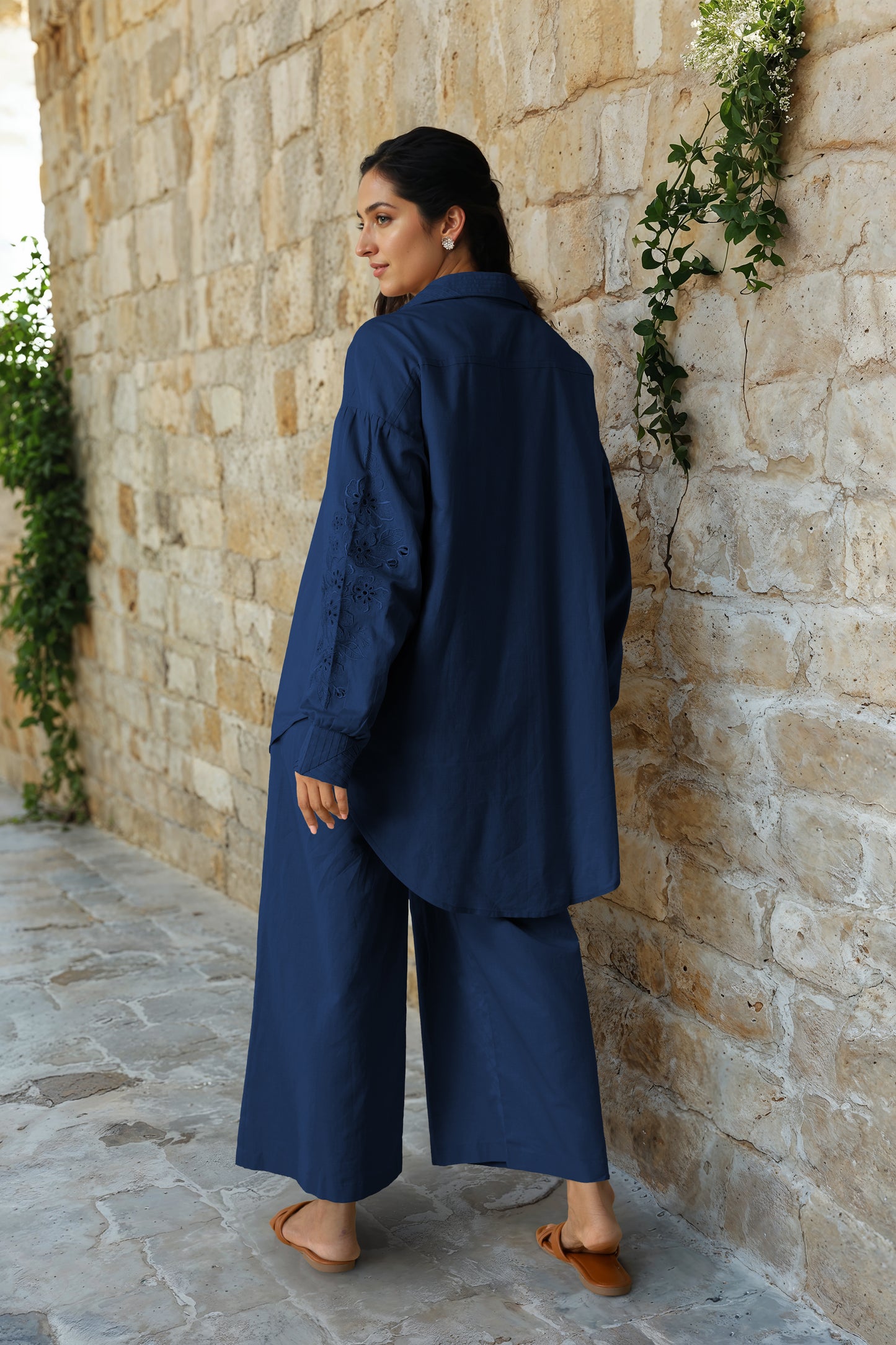 Navy Blue Linen Embroidered Co-Ord Set