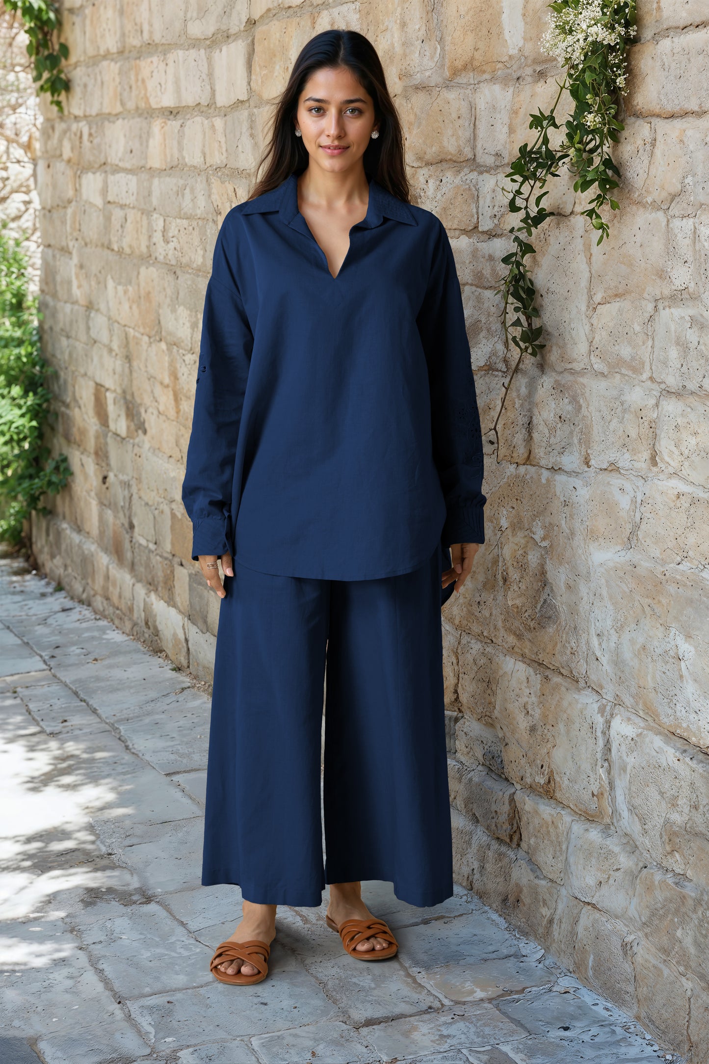 Navy Blue Linen Embroidered Co-Ord Set