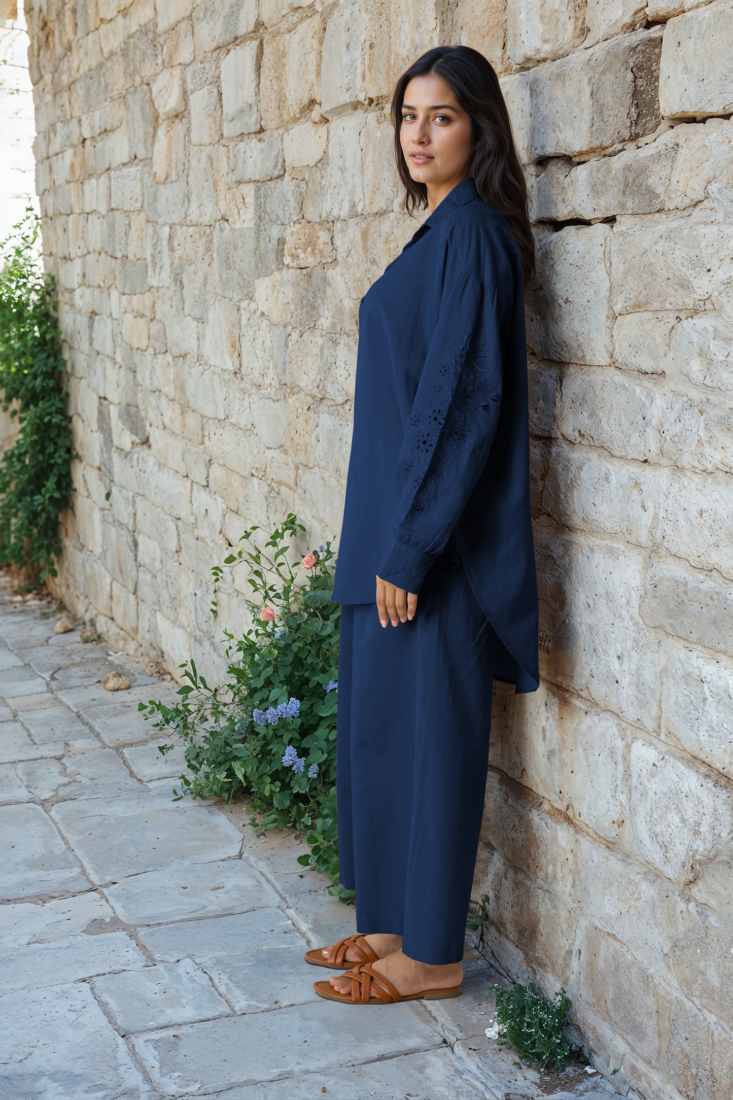 Navy Blue Linen Embroidered Co-Ord Set