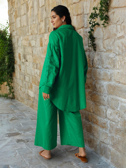 Green Linen Embroidered Co-Ord Set