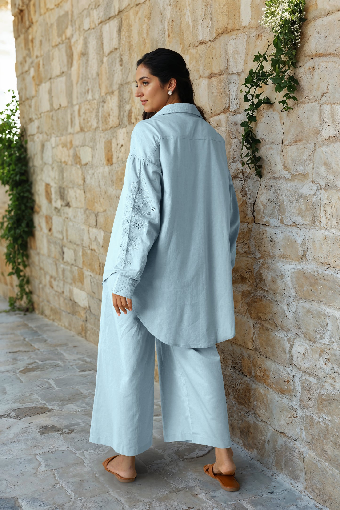 Powder Blue Linen Embroidered Co-Ord Set