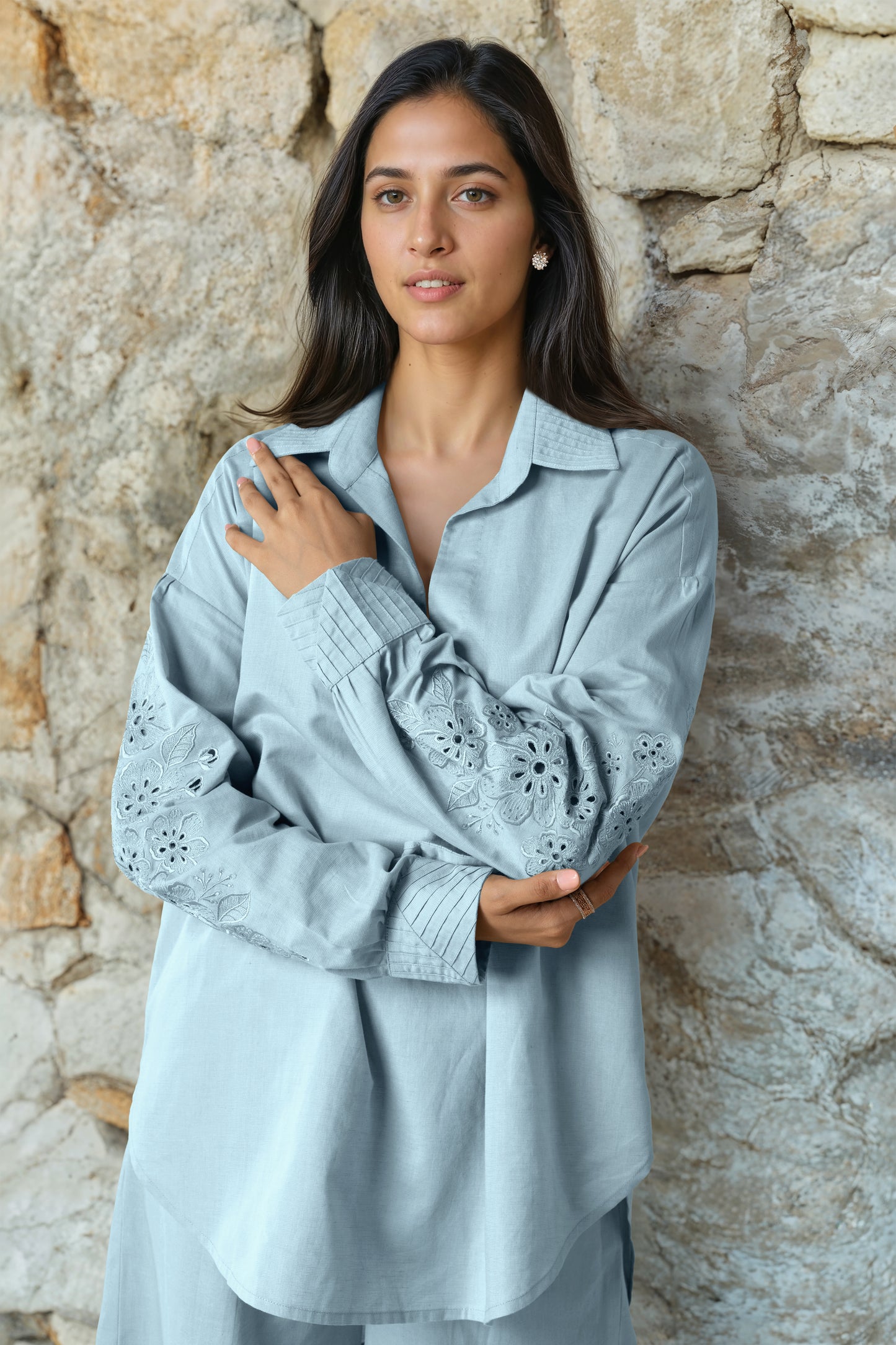 Powder Blue Linen Embroidered Co-Ord Set