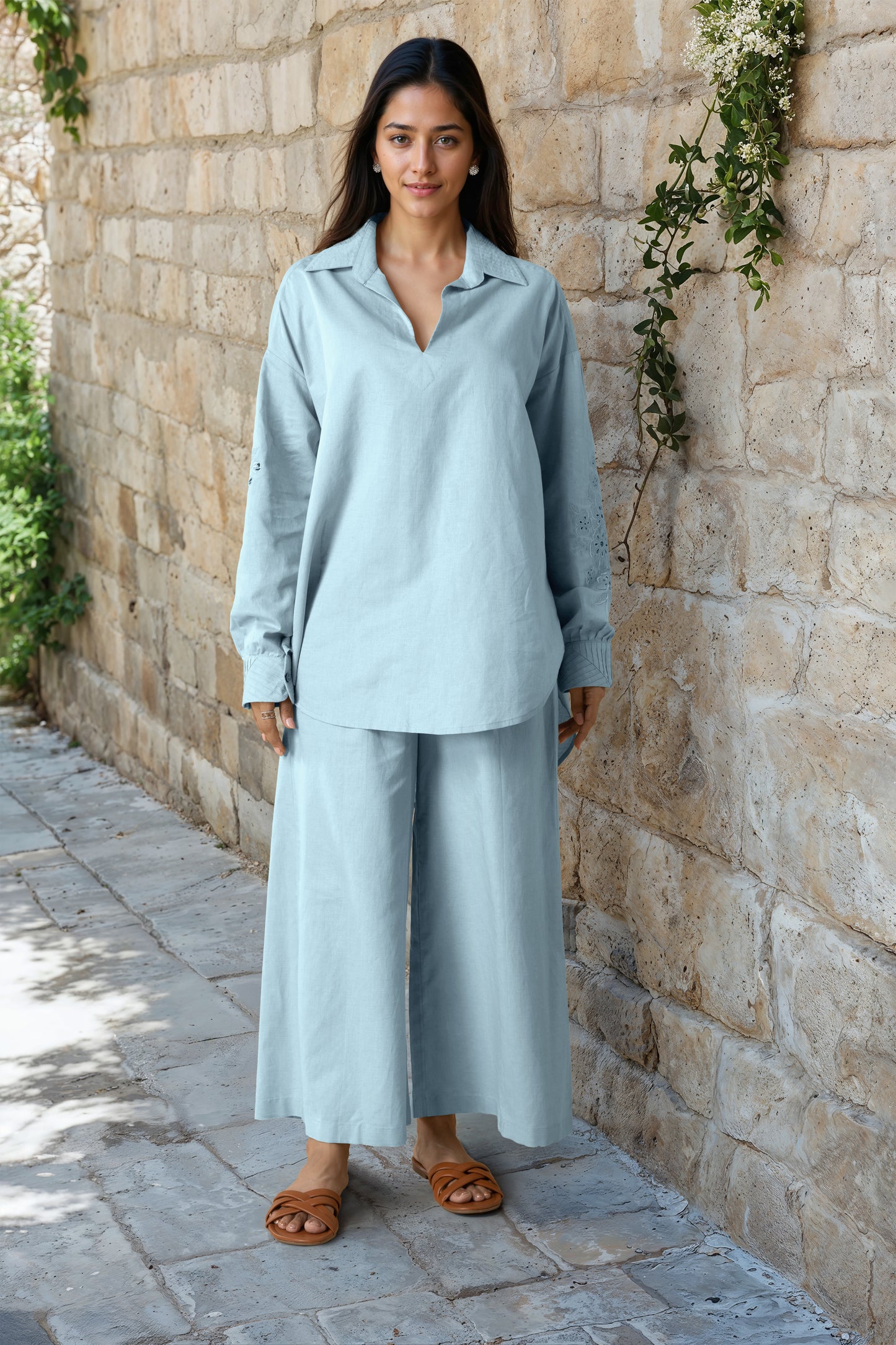 Powder Blue Linen Embroidered Co-Ord Set