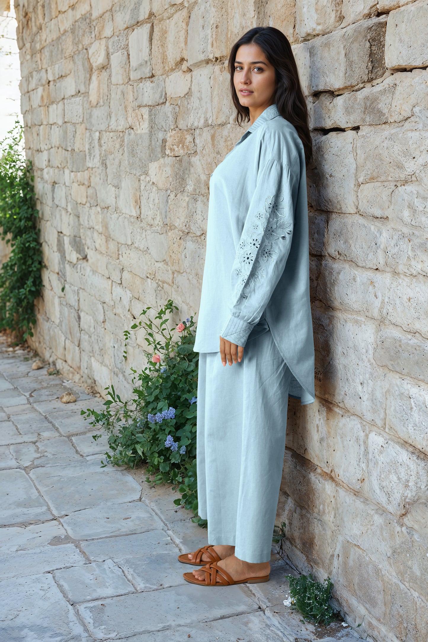 Powder Blue Linen Embroidered Co-Ord Set
