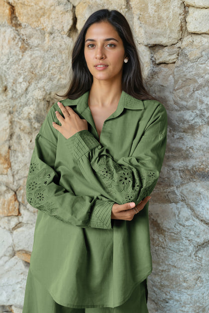 Sage Green Linen Embroidered Co-Ord Set