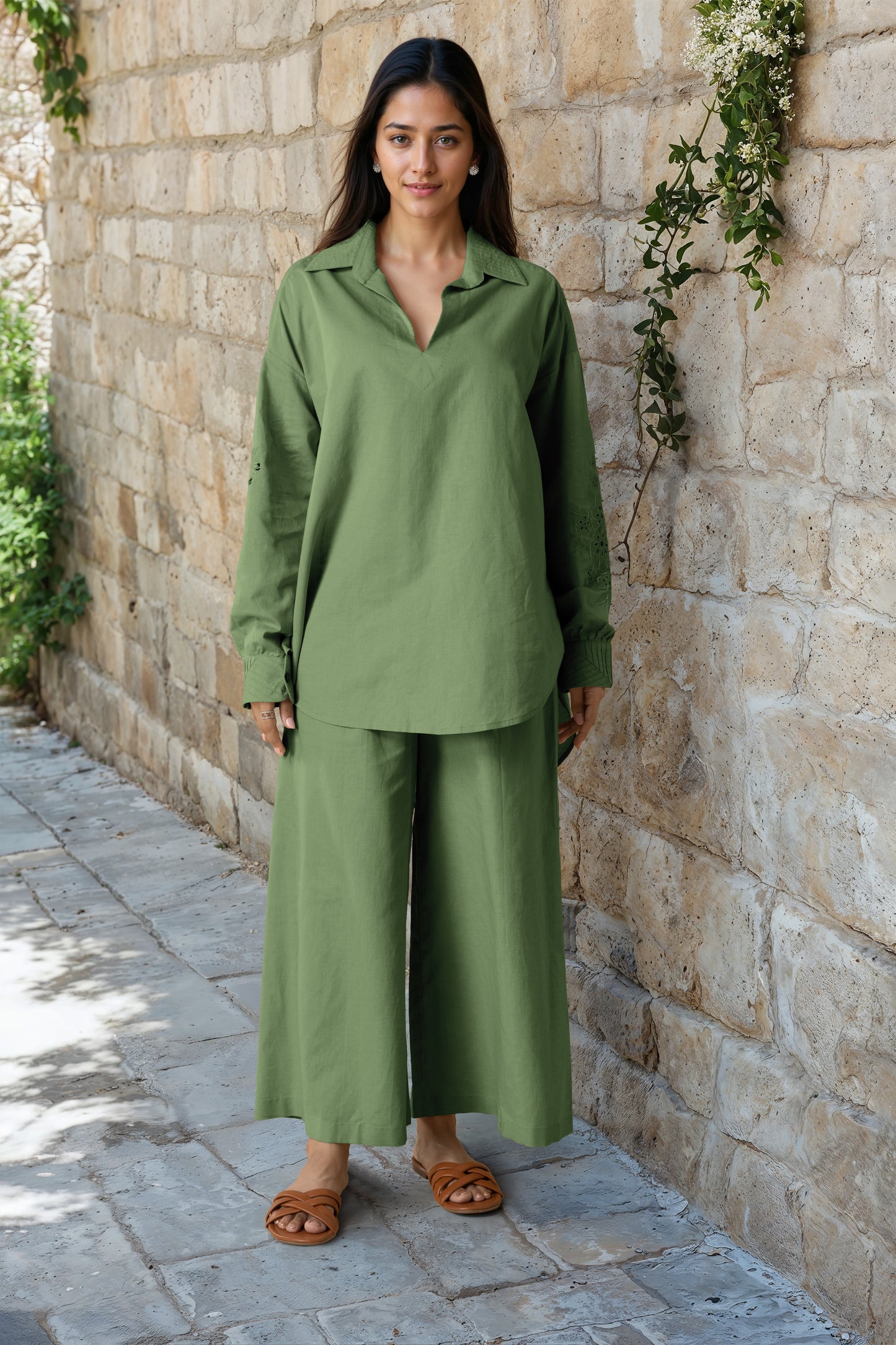 Sage Green Linen Embroidered Co-Ord Set
