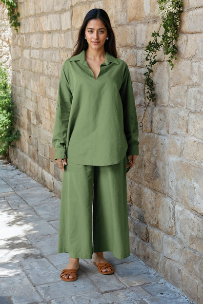 Sage Green Linen Embroidered Co-Ord Set