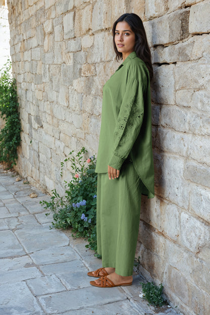 Sage Green Linen Embroidered Co-Ord Set