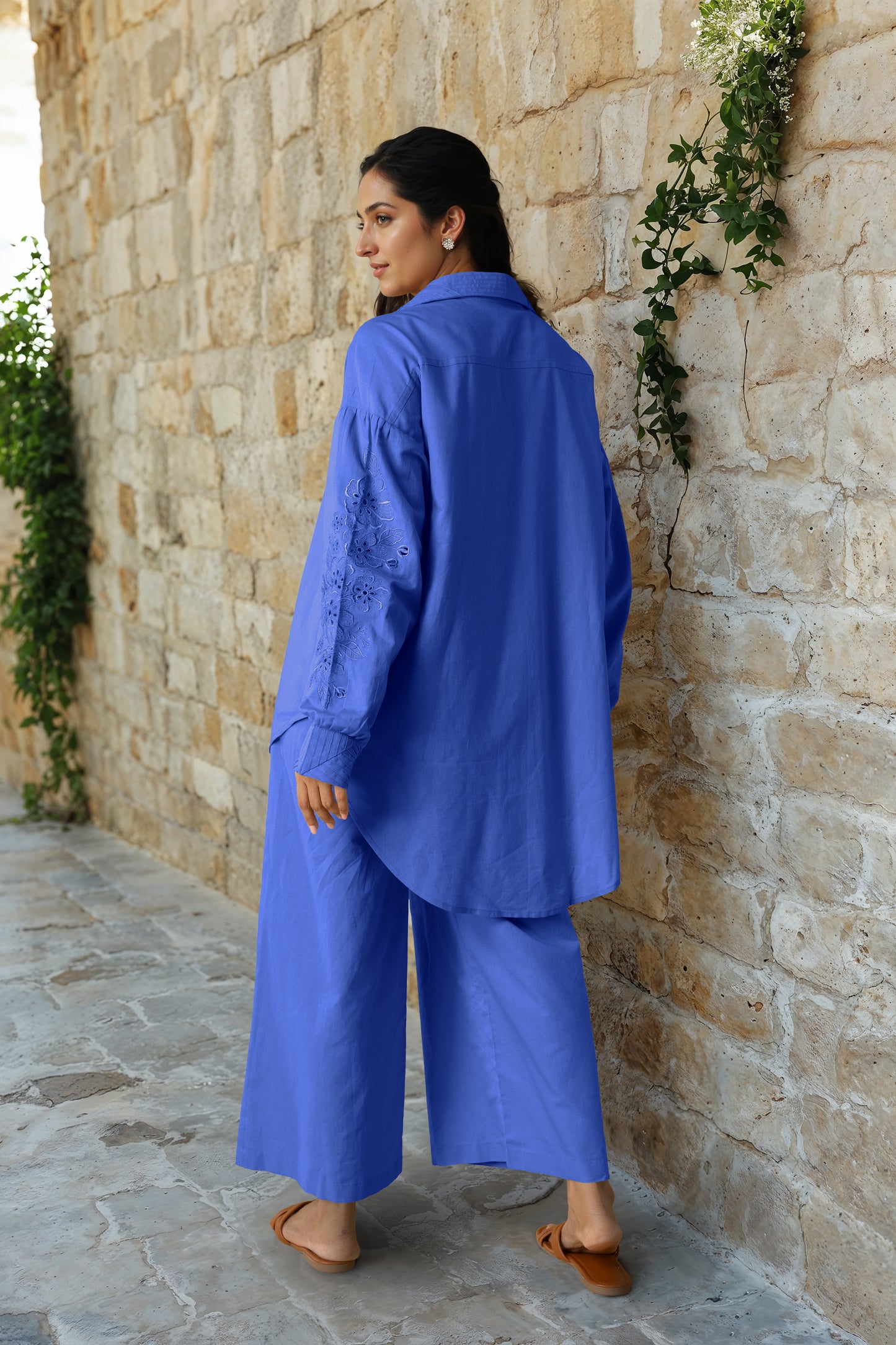 Teal Blue Linen Embroidered Co-Ord Set