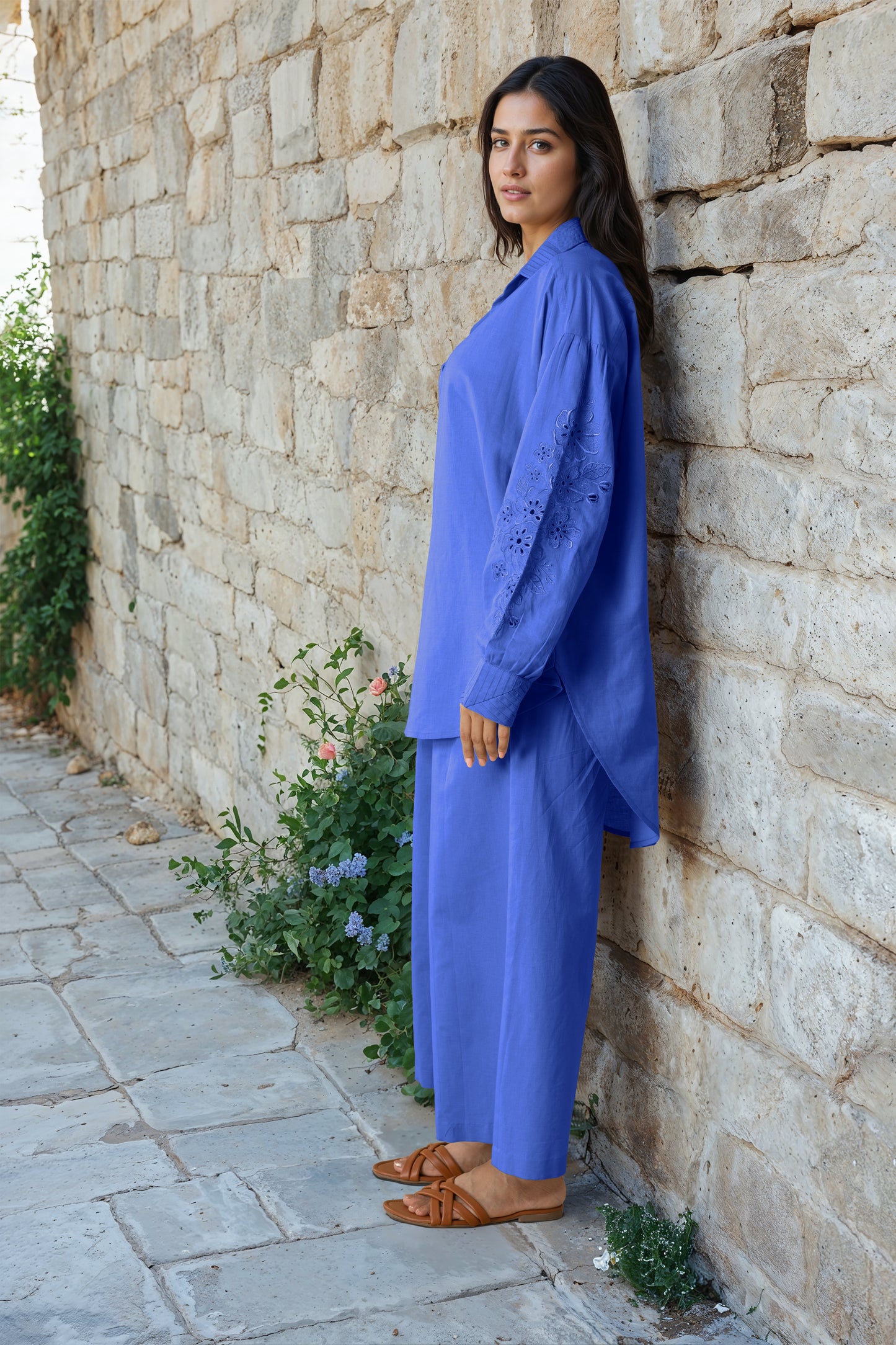 Teal Blue Linen Embroidered Co-Ord Set