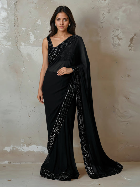 Black Abla Work Saree and Blouse Set