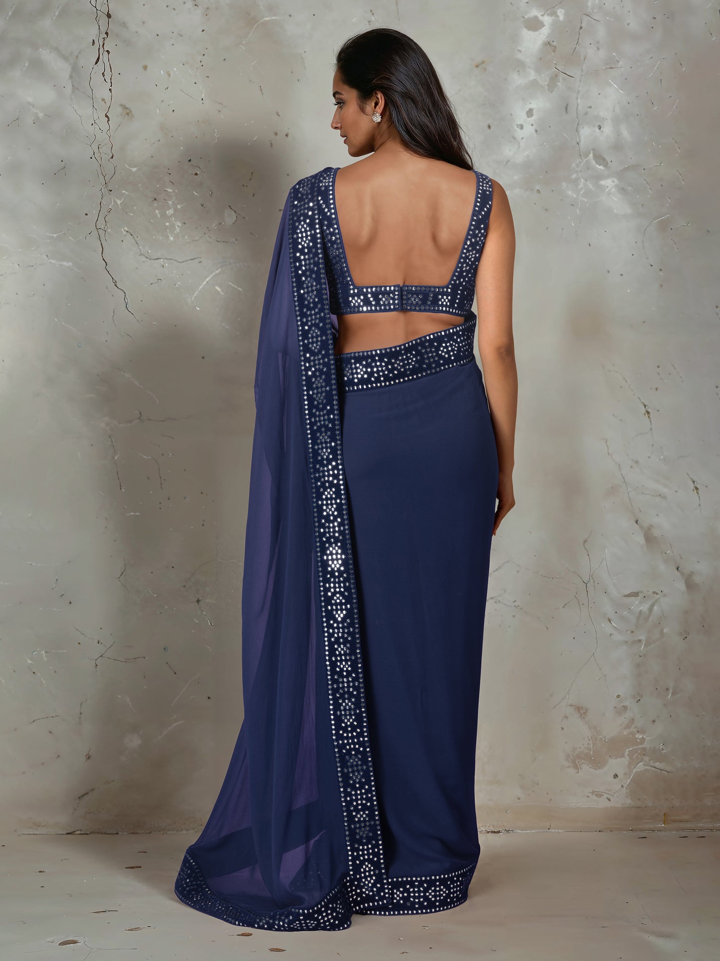 Dark Blue Abla Work Saree and Blouse Set