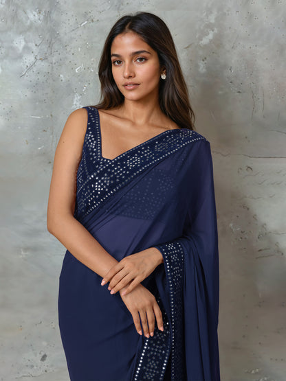 Dark Blue Abla Work Saree and Blouse Set